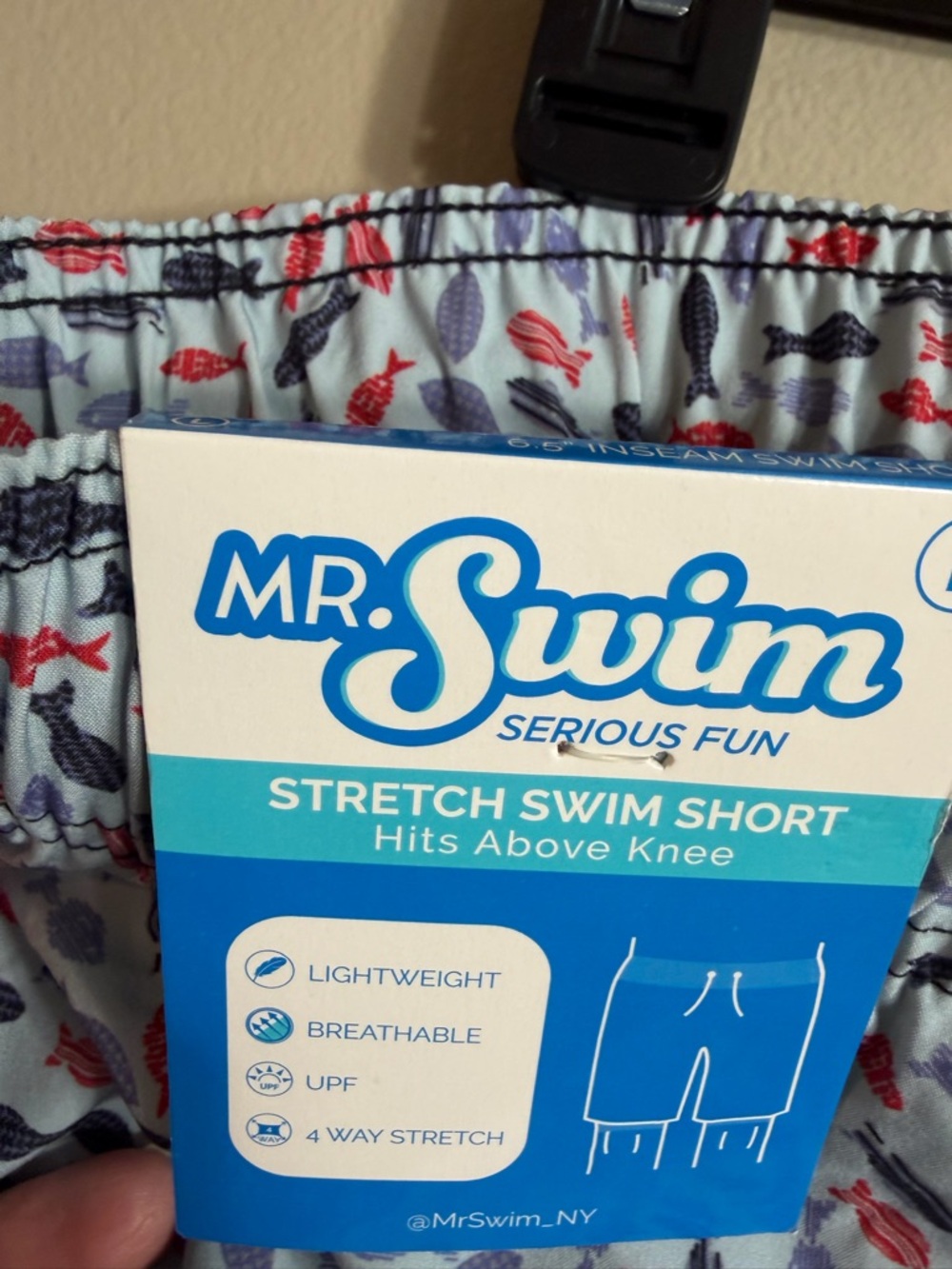 Mr Swim Fish Print Swim Trunks Blue Red Stretch Shorts Size L NWT Dad Style - Picture 4 of 7